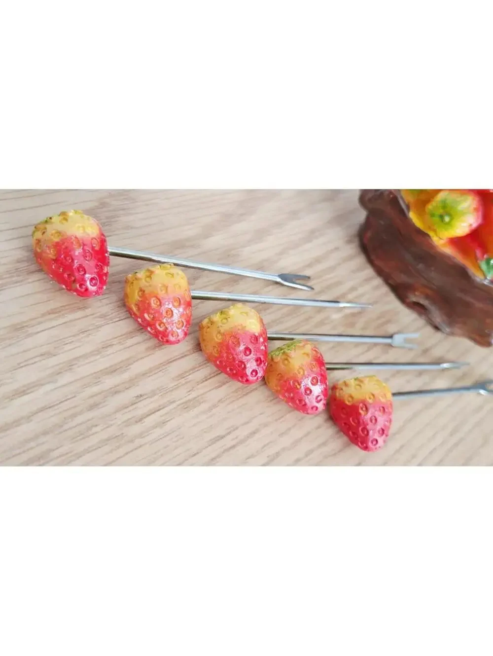 Vintage Strawberry Appetizer Pick Set with Resin Holder - 5 Metal Hors D'oeuvres